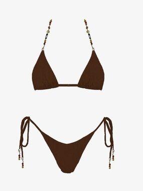 Beaded-Detail Brown Triangle Bikini Set - Women's Swim